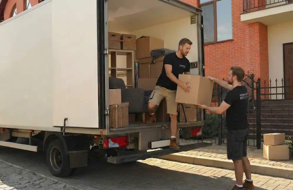 Farnham removals team loading truck with furniture